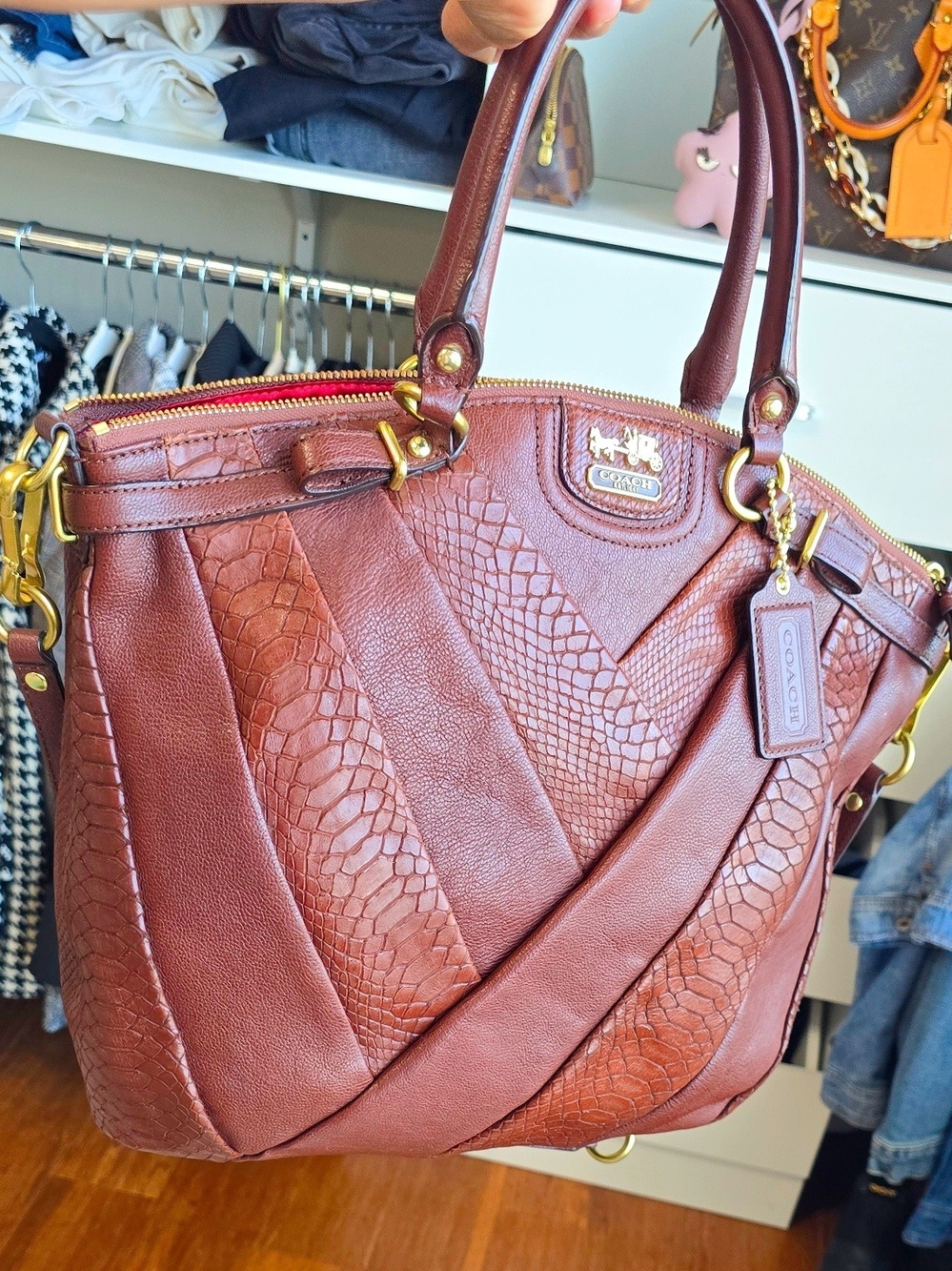 Coach Madison Large Tabacco Pyton/ Leather Patchwork Satchel with Gold Hardware - Picture 8 of 11